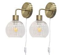firstchoicelighting Set of 2 Antique Brass Plug in Wall Lights or Bedside Reading Lamps with Clear Ribbed Glass Shades