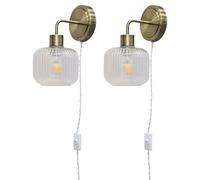 firstchoicelighting Set of 2 Antique Brass Plug in Wall Lights or Bedside Reading Lamps with Ribbed Clear Glass Shades