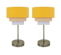 firstchoicelighting Set of 2 Antique Brass Table Lamps or Bedside Lights, Modern Design, Ochre Yellow Ombre Linen Tiered Shade, Height 35cm, LED Compatible