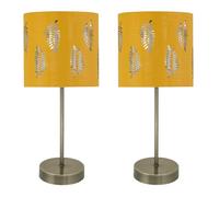 firstchoicelighting Set of 2 Antique Brass Table Lamps or Bedside Lights, Modern Design, Ochre Yellow Leaf Cut Out Shades, Height 35cm, LED Compatible
