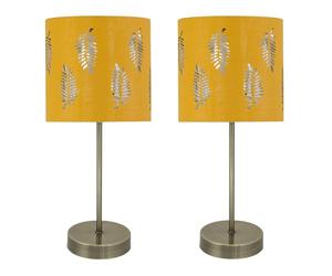 firstchoicelighting Set of 2 Antique Brass Table Lamps or Bedside Lights, Modern Design, Ochre Yellow Leaf Cut Out Shades, Height 35cm, LED Compatible