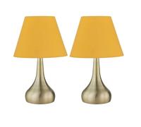 firstchoicelighting Set of 2 Antique Brass Touch Operated Table Lamps or Bedside Lights, Modern Design, Height 33cm, Ochre Yellow Shade, LED Compatible