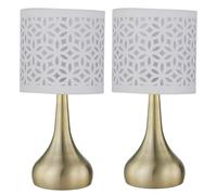 firstchoicelighting Set of 2 Antique Brass Touch Operated Table Lamps or Bedside Lights, Modern Design, Height 36cm, White Cut Out Shade, LED Compatible