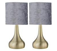 firstchoicelighting Set of 2 Antique Brass Touch Operated Table Lamps or Bedside Lights, Modern Design, Height 36cm, Grey Crushed Velvet Shade, LED Compatible