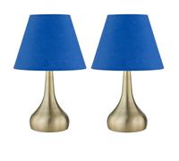 firstchoicelighting Set of 2 Antique Brass Touch Operated Table Lamps or Bedside Lights, Modern Design, Height 33cm, Royal Blue Shade, LED Compatible