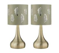 firstchoicelighting Set of 2 Antique Brass Touch Operated Table Lamps or Bedside Lights, Modern Design, Height 33cm, Sage Green Fern Shade, LED Compatible