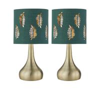 firstchoicelighting Set of 2 Antique Brass Touch Operated Table Lamps or Bedside Lights, Modern Design, Height 36cm, Dark Green Fern Shade, LED Compatible