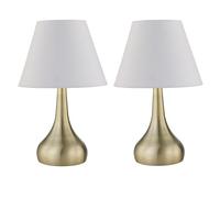 firstchoicelighting Set of 2 Antique Brass Touch Operated Table Lamps or Bedside Lights, Modern Design, Height 33cm, Ivory Off White Shade, LED Compatible