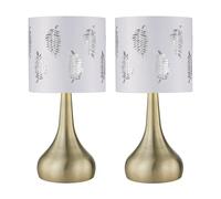 firstchoicelighting Set of 2 Antique Brass Touch Operated Table Lamps or Bedside Lights, Modern Design, Height 33cm, White Fern Shade, LED Compatible