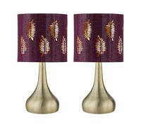 firstchoicelighting Set of 2 Antique Brass Touch Operated Table Lamps or Bedside Lights, Modern Design, Height 36cm, Burgundy Fern Shades, LED Compatible