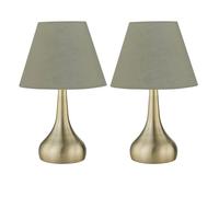 firstchoicelighting Set of 2 Antique Brass Touch Operated Table Lamps or Bedside Lights, Modern Design, Height 33cm, Sage Green Shade, LED Compatible