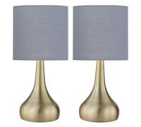 firstchoicelighting Set of 2 Antique Brass Touch Operated Table Lamps or Bedside Lights, Modern Design, Height 36cm, Grey Cotton Shade, LED Compatible