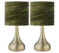 firstchoicelighting Set of 2 Antique Brass Touch Operated Table Lamps or Bedside Lights, Modern Design, Height 36cm, Green Crushed Velvet Shade, LED Compatible