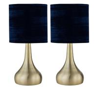 firstchoicelighting Set of 2 Antique Brass Touch Operated Table Lamps or Bedside Lights, Modern Design, Height 36cm, Navy Blue Crushed Velvet Shade, LED Compatible