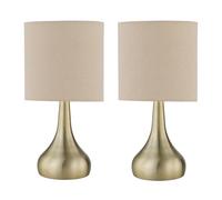 firstchoicelighting Set of 2 Antique Brass Touch Operated Table Lamps or Bedside Lights, Modern Design, Natural Linen Shade, Height 36cm, LED Compatible