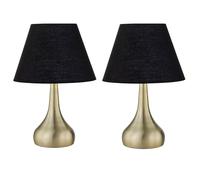 firstchoicelighting Set of 2 Antique Brass Touch Operated Table Lamps or Bedside Lights, Modern Design, Height 33cm, Black Shade, LED Compatible
