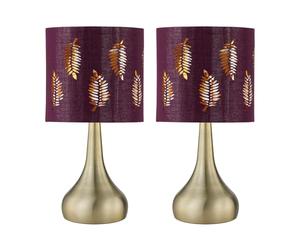 firstchoicelighting Set of 2 Antique Brass Touch Operated Table Lamps or Bedside Lights, Modern Design, Height 36cm, Burgundy Fern Shades, LED Compatible
