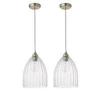 firstchoicelighting Set of 2 Antique Brass with Fluted Glass Ceiling Pendant Lights, Kitchen Dining Lighting, Height Adjustable 30cm to 112cm