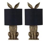 firstchoicelighting Set of 2 Antique Gold Hare Rabbit Table Lamp or Bedside Lights with Black Fabric Shade, Gold Resin Animal, Height 43 cm, LED Compatible