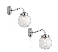 firstchoicelighting Set of 2 Bathroom Wall Light with Pull Cord Switch, Modern Chrome Design with Glass Globe Shade, IP44 Rated and LED Compatible