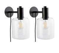firstchoicelighting Set of 2 Black Plug in Wall Lights or Bedside Reading Lamps with Clear Glass Shade