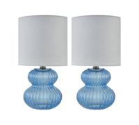 firstchoicelighting Set of 2 Blue Ribbed Glass 29cm Table Lamps or Bedside Lights, White Fabric Shades, Height
