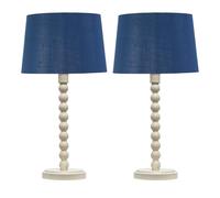 firstchoicelighting Set of 2 Bobbin - Ivory Lamps with Navy & Silver Shades