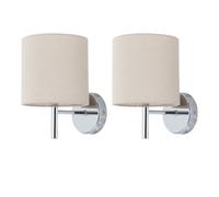 firstchoicelighting Set of 2 Brea Chrome Wall Lights with Natural Linen Shade, Modern Wall Sconce, LED Compatible, Mains Hard Wired