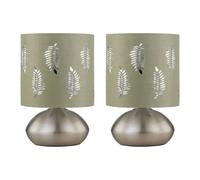 firstchoicelighting Set of 2 Brushed Chrome Touch Operated Table Lamps or Bedside Lights, Modern Design, Height 22cm, Sage Fern Shade, LED Compatible