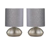 firstchoicelighting Set of 2 Brushed Chrome Touch Operated Table Lamps or Bedside Lights, Modern Design, Height 22cm, Silvery Glitter Shade, LED Compatible