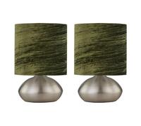 firstchoicelighting Set of 2 Brushed Chrome Touch Operated Table Lamps or Bedside Lights, Modern Design, Height 22cm, Green Crushed Velvet Shade, LED Compatible
