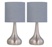 firstchoicelighting Set of 2 Brushed Chrome Touch Operated Table Lamps or Bedside Lights, Modern Design, Height 36cm, Grey Cotton Shade, LED Compatible