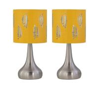 firstchoicelighting Set of 2 Brushed Chrome Touch Operated Table Lamps or Bedside Lights, Modern Design, Height 36cm, Ochre Fern Shade, LED Compatible