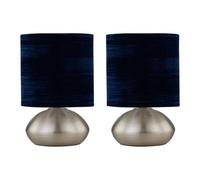 firstchoicelighting Set of 2 Brushed Chrome Touch Operated Table Lamps or Bedside Lights, Modern Design, Height 22cm, Navy Blue Crushed Velvet Shade, LED Compatible