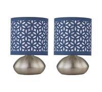 firstchoicelighting Set of 2 Brushed Chrome Touch Operated Table Lamps or Bedside Lights, Modern Design, Height 22cm, Navy Blue Cut Out Shade, LED Compatible
