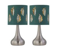 firstchoicelighting Set of 2 Brushed Chrome Touch Operated Table Lamps or Bedside Lights, Modern Design, Height 36cm, Dark Green Fern Shade, LED Compatible