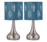 firstchoicelighting Set of 2 Brushed Chrome Touch Operated Table Lamps or Bedside Lights, Modern Design, Height 36cm, Teal Fern Shade, LED Compatible