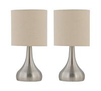firstchoicelighting Set of 2 Brushed Chrome Touch Operated Table Lamps or Bedside Lights, Modern Design, Natural Linen Shade, Height 36cm, LED Compatible