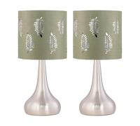 firstchoicelighting Set of 2 Brushed Chrome Touch Operated Table Lamps or Bedside Lights, Modern Design, Height 33cm, Sage Green Fern Shade, LED Compatible