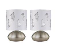 firstchoicelighting Set of 2 Brushed Chrome Touch Operated Table Lamps or Bedside Lights, Modern Design, Height 22cm, White Fern Shade, LED Compatible