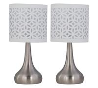 firstchoicelighting Set of 2 Brushed Chrome Touch Operated Table Lamps or Bedside Lights, Modern Design, Height 36cm, White Cut Out Shade, LED Compatible
