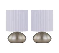firstchoicelighting Set of 2 Brushed Chrome Touch Operated Table Lamps or Bedside Lights, Modern Design, Height 22cm, White Pleat Shade, LED Compatible