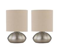 firstchoicelighting Set of 2 Brushed Chrome Touch Operated Table Lamps or Bedside Lights, Modern Design, Natural Linen Shade, Height 22cm, LED Compatible