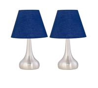 firstchoicelighting Set of 2 Brushed Chrome Touch Operated Table Lamps or Bedside Lights, Modern Design, Height 33cm, Navy Blue Shade, LED Compatible