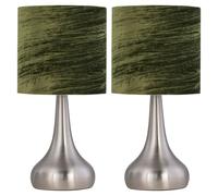 firstchoicelighting Set of 2 Brushed Chrome Touch Operated Table Lamps or Bedside Lights, Modern Design, Height 36cm, Green Crushed Velvet Shade, LED Compatible