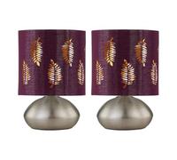 firstchoicelighting Set of 2 Brushed Chrome Touch Operated Table Lamps or Bedside Lights, Modern Design, Height 22cm, Burgundy Fern Shades, LED Compatible