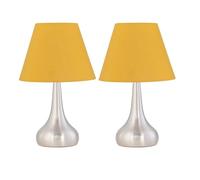 firstchoicelighting Set of 2 Brushed Chrome Touch Operated Table Lamps or Bedside Lights, Modern Design, Height 33cm, Ochre Yellow Shade, LED Compatible