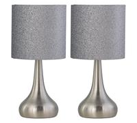 firstchoicelighting Set of 2 Brushed Chrome Touch Operated Table Lamps or Bedside Lights, Modern Design, Height 36cm, Silvery Glitter Shade, LED Compatible