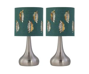 firstchoicelighting Set of 2 Brushed Chrome Touch Operated Table Lamps or Bedside Lights, Modern Design, Height 36cm, Dark Green Fern Shade, LED Compatible