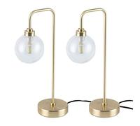firstchoicelighting Set of 2 Brushed Gold Brass Table Lamps or Bedside Lights with Clear Glass Globe Shade, Height 38cm, LED Compatible